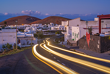 View of trail lights through Mancha Blanca, Timanfaya National Park at dusk, Mancha Blanca, Lanzarote, Las Palmas, Canary Islands, Spain, Atlantic, Europe