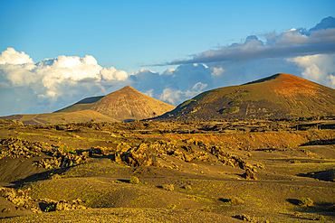 View of volcanic landscape in Timanfaya National Park at sunset, Lanzarote, Las Palmas, Canary Islands, Spain, Atlantic, Europe