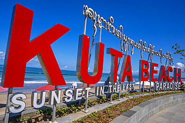 View of Kuta Beach sign, Kuta, Bali, Indonesia, South East Asia, Asia