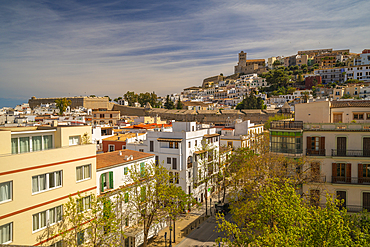 Elevated view of Cathedral, Vara de Rei Square and Dalt Vila, UNESCO World Heritage Site, Ibiza Town, Eivissa, Balearic Islands, Spain, Mediterranean, Europe