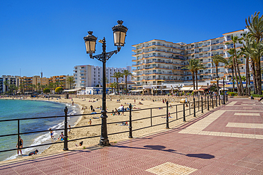 View of promenade and Playa De Santa Eulalia, Santa Eularia des Riu, Ibiza, Balearic Islands, Spain, Mediterranean, Europe