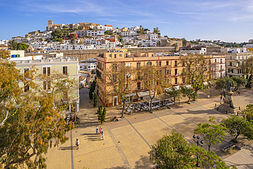 Elevated view of Cathedral, Vara de Rei Square and Dalt Vila, UNESCO World Heritage Site, Ibiza Town, Eivissa, Balearic Islands, Spain, Mediterranean, Europe