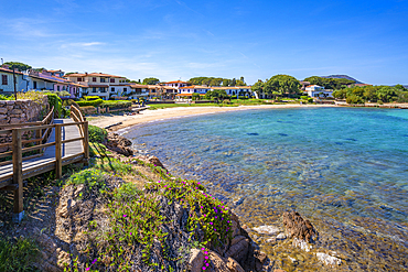 View of Spiaggia di Porto San Paolo and clear blue water, Porto San Paolo, Sardinia, Italy, Mediterranean, Europe