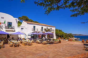 View of restaurant in Piazza Rafael Neville, Porto Rafael, Sardinia, Italy, Mediterranean, Europe