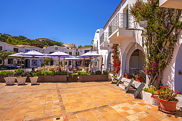 View of restaurant in Piazza Rafael Neville, Porto Rafael, Sardinia, Italy, Mediterranean, Europe