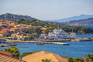 Elevated view of harbour and Palau town, Palau, Sardinia, Italy, Mediterranean, Europe