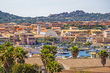 Elevated view of Church of Our Lady of Grace and Palau town, Palau, Sardinia, Italy, Mediterranean, Europe