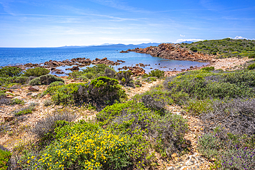 View of rugged coastline from Capo Coda Cavallo, Sardinia, Italy, Mediterranean, Europe