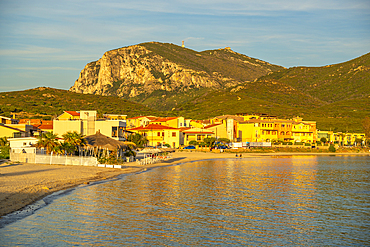 View of beach at sunset in Golfo Aranci, Sardinia, Italy, Mediterranean, Europe