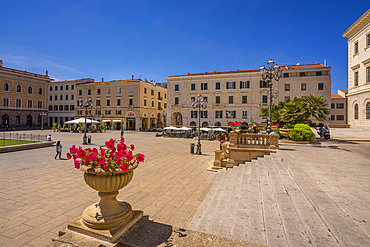 View of classic architecture and Vittorio Emanuele II statue in Piazza d'Italia in Sassari, Sassari, Sardinia, Italy, Mediterranean, Europe