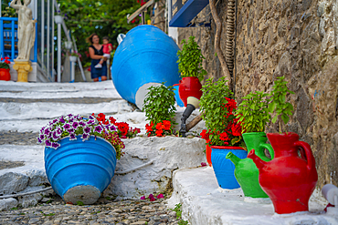 View of traditional colourful plant pots in Kos Town, Kos, Dodecanese, Greek Islands, Greece, Europe