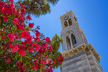 View of Cathedral belltower of Kalimnos, Kalimnos, Dodecanese Islands, Greek Islands, Greece, Europe