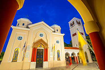 View of Church of Agia Paraskevi in Kos Town at dusk, Kos, Dodecanese, Greek Islands, Greece, Europe