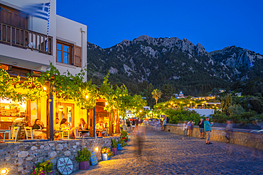 View of restaurant in Zia Sunset View at dusk, Zia Village, Kos Town, Kos, Dodecanese, Greek Islands, Greece, Europe