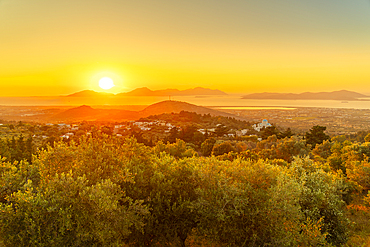 View of Kos Island and Greek Orthodox church from Zia Sunset View at sunset, Zia Village, Kos Town, Kos, Dodecanese, Greek Islands, Greece, Europe