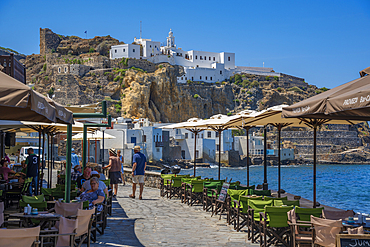 View of Virgin Mary Spiliani Monastery above the town of Mandraki, Mandraki, Nisyros, Dodecanese, Greek Islands, Greece, Europe