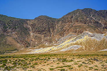 View of colourful rock formations near the Stefanoskrater Crater, Nisyros, Dodecanese, Greek Islands, Greece, Europe