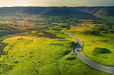 Aerial view of road to Edale, Vale of Edale, Peak District National Park, Derbyshire, England, United Kingdom, Europe