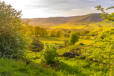 View of landscape toward Edale village during spring, Peak District National Park, Derbyshire, England, United Kingdom, Europe