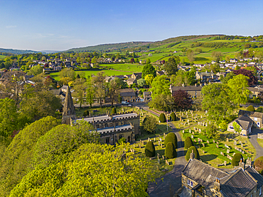 Aerial view of Baslow village, Peak District National Park, Derbyshire, England, United Kingdom, Europe