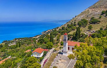 Aerial view of coastline near Zola, Kefalonia, Ionian Islands, Greek Islands, Greece, Europe