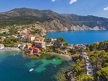 Aerial view of coastline near Zola, Kefalonia, Ionian Islands, Greek Islands, Greece, Europe