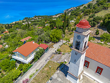 Aerial view of Greek Orthodox Church and coastline near Zola, Kefalonia, Ionian Islands, Greek Islands, Greece, Europe