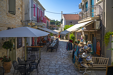 View of cafes and shops in Fiscardo, Fiscardo, Kefalonia, Ionian Islands, Greek Islands, Greece, Europe