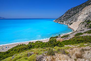 View of Myrtos Beach, coastline, sea and hills near Agkonas, Kefalonia, Ionian Islands, Greek Islands, Greece, Europe