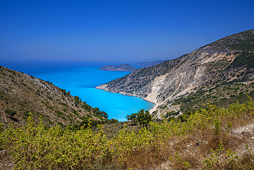 View of Myrtos Beach, coastline, sea and hills near Agkonas, Kefalonia, Ionian Islands, Greek Islands, Greece, Europe