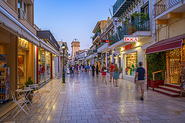 View of shopping street in Argostoli, capital of Cephalonia, Argostolion, Kefalonia, Ionian Islands, Greek Islands, Greece, Europe