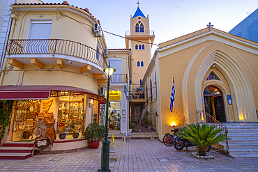 View of Catholic Church of Saint Nicholas at dusk in Argostoli, Cephalonia, Argostolion, Kefalonia, Ionian Islands, Greek Islands, Greece, Europe