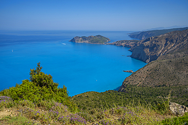 View of coastline, sea and Assos from near Agkonas, Kefalonia, Ionian Islands, Greek Islands, Greece, Europe