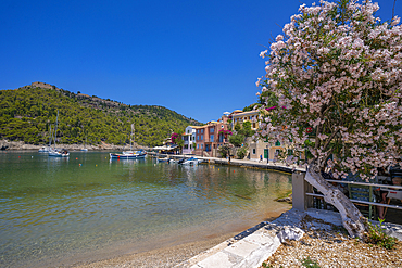 View of harbour and colourful houses in Assos, Assos, Kefalonia, Ionian Islands, Greek Islands, Greece, Europe