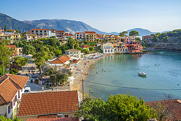 Elevated view of harbour and colourful houses in Assos, Assos, Kefalonia, Ionian Islands, Greek Islands, Greece, Europe