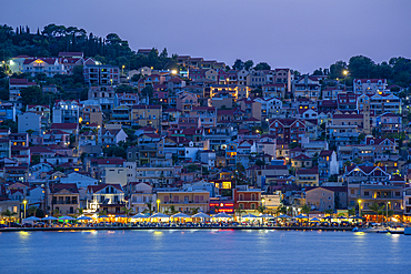 View of Argostoli, capital of Cephalonia and De Bosset Bridge at dusk, Argostolion, Kefalonia, Ionian Islands, Greek Islands, Greece, Europe