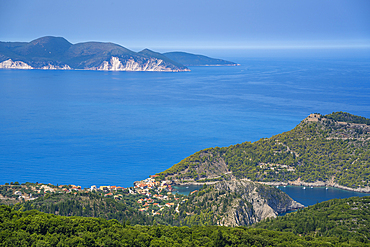 View of Assos, coastline, sea and hills, Assos, Kefalonia, Ionian Islands, Greek Islands, Greece, Europe