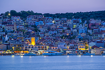 View of Argostoli, capital of Cephalonia and De Bosset Bridge at dusk, Argostolion, Kefalonia, Ionian Islands, Greek Islands, Greece, Europe