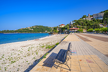 View of beach and promenade in Poros, Poros, Kefalonia, Ionian Islands, Greek Islands, Greece, Europe