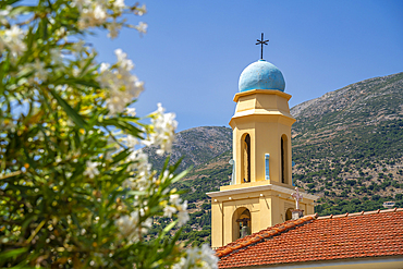 View of Church of Agia Efimia bell tower in Agia Effimia, Kefalonia, Ionian Islands, Greek Islands, Greece, Europe