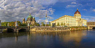 View of Berlin Cathedral, Berliner Fernsehturm, Berliner Schloss and Spree river, Museum Island, Mitte, Berlin, Germany, Europe