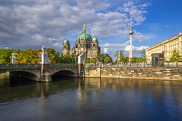 View of Berlin Cathedral, Berliner Fernsehturm and Spree river, Museum Island, Mitte, Berlin, Germany, Europe