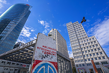 View of Berlin Wall segments and buildings on Potsdamer Platz, Mitte, Berlin, Germany, Europe