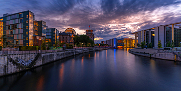 View of the River Spree and the Reichstag (German Parliament building) at sunset, Mitte, Berlin, Germany, Europe