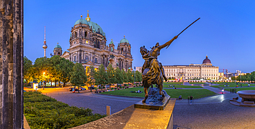 View of Berliner Dom (Berlin Cathedral) viewed from Neues Museum at dusk, Berlin, Germany, Europe