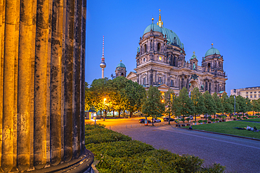 View of Berliner Dom (Berlin Cathedral) viewed from Neues Museum at dusk, Berlin, Germany, Europe