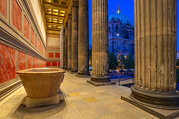 View of Berliner Dom (Berlin Cathedral) viewed from Neues Museum at dusk, Berlin, Germany, Europe