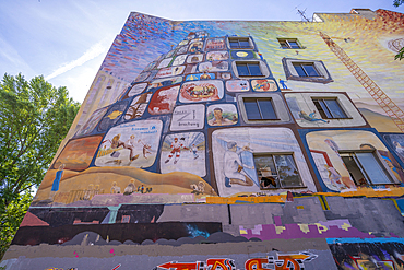 View of ornate wall art just off Friedrichstrasse, Berlin, Germany, Europe