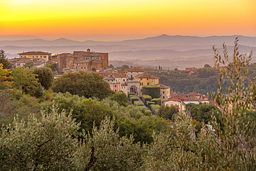 View of sunrise over Chianciano Terme, Province of Siena, Tuscany, Italy, Europe