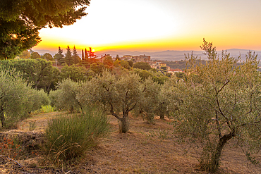 View of sunrise over Chianciano Terme, Province of Siena, Tuscany, Italy, Europe